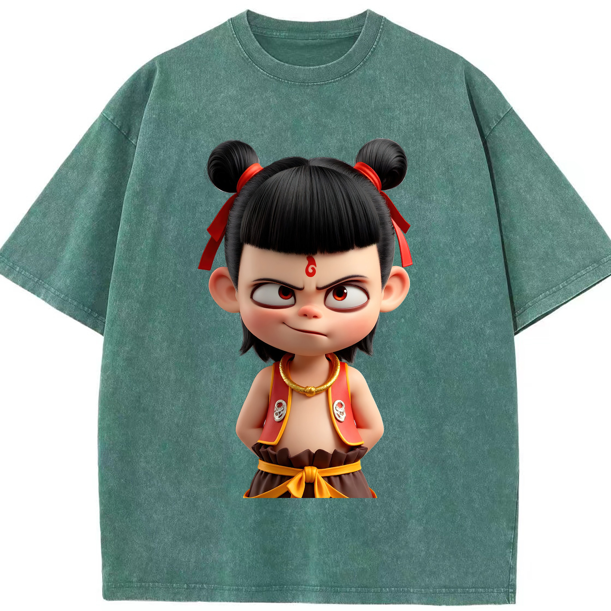 （画像用） Ne Zha 2 ナタ 魔童の大暴れ 綿100% ヴィンテージ風 半袖Tシャツ（フロントプリント）